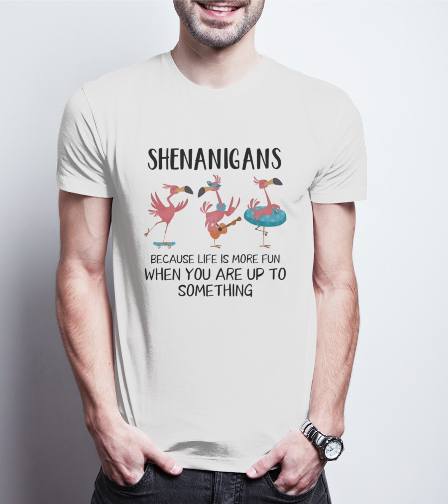 Shenanigans Flamingos Skateboarding Guitar Playing Pool Fun T-Shirt