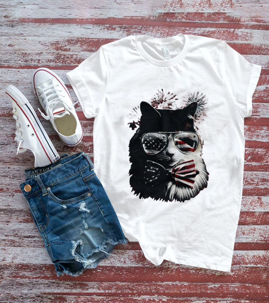 American Flag Cat Sunglasses And Bowtie Fireworks Independence Day T-Shirt
