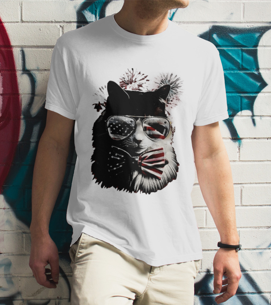 American Flag Cat Sunglasses And Bowtie Fireworks Independence Day T-Shirt