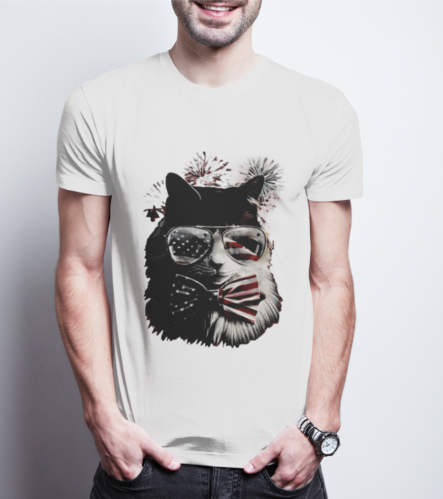 American Flag Cat Sunglasses And Bowtie Fireworks Independence Day T-Shirt