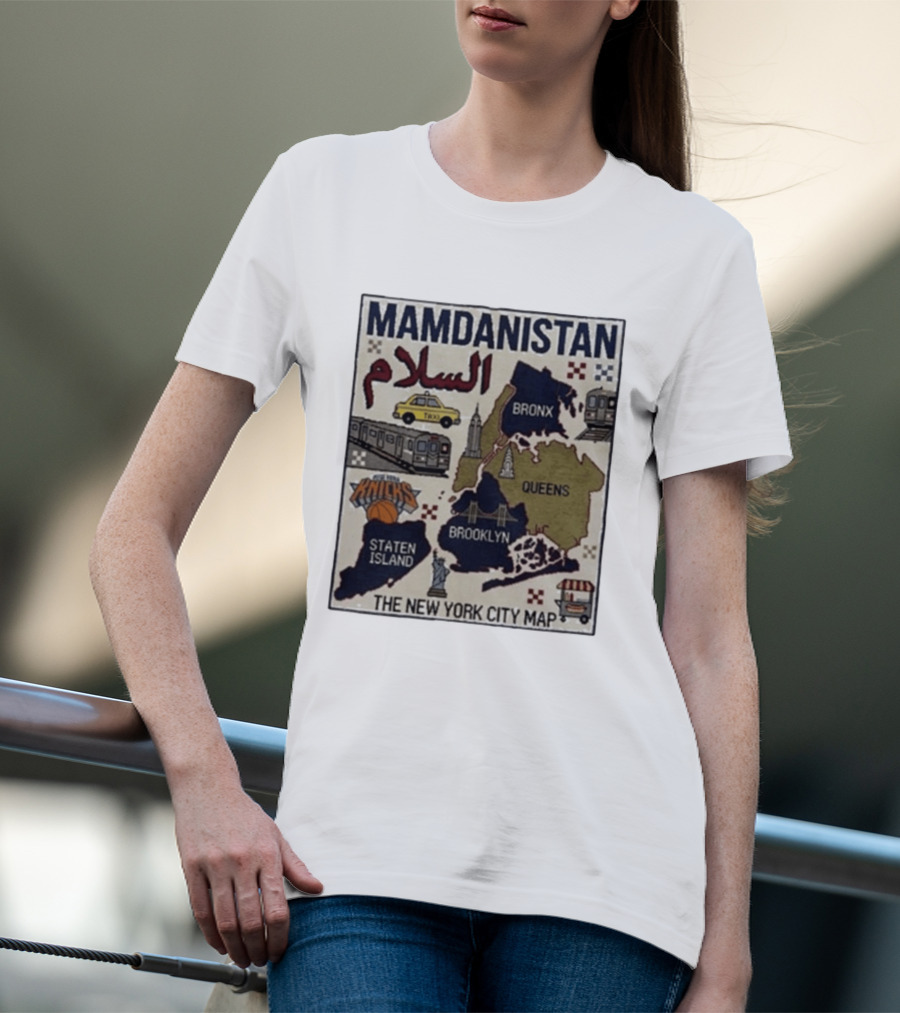 Mamdanistan Peace NYC Map Featuring Knicks Bronx Brooklyn Queens Staten Island Taxi Subway T-Shirt