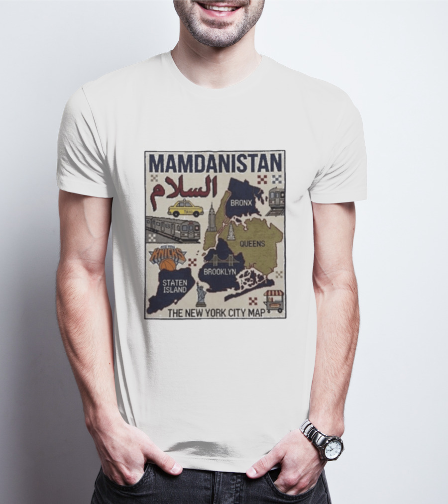 Mamdanistan Peace NYC Map Featuring Knicks Bronx Brooklyn Queens Staten Island Taxi Subway T-Shirt