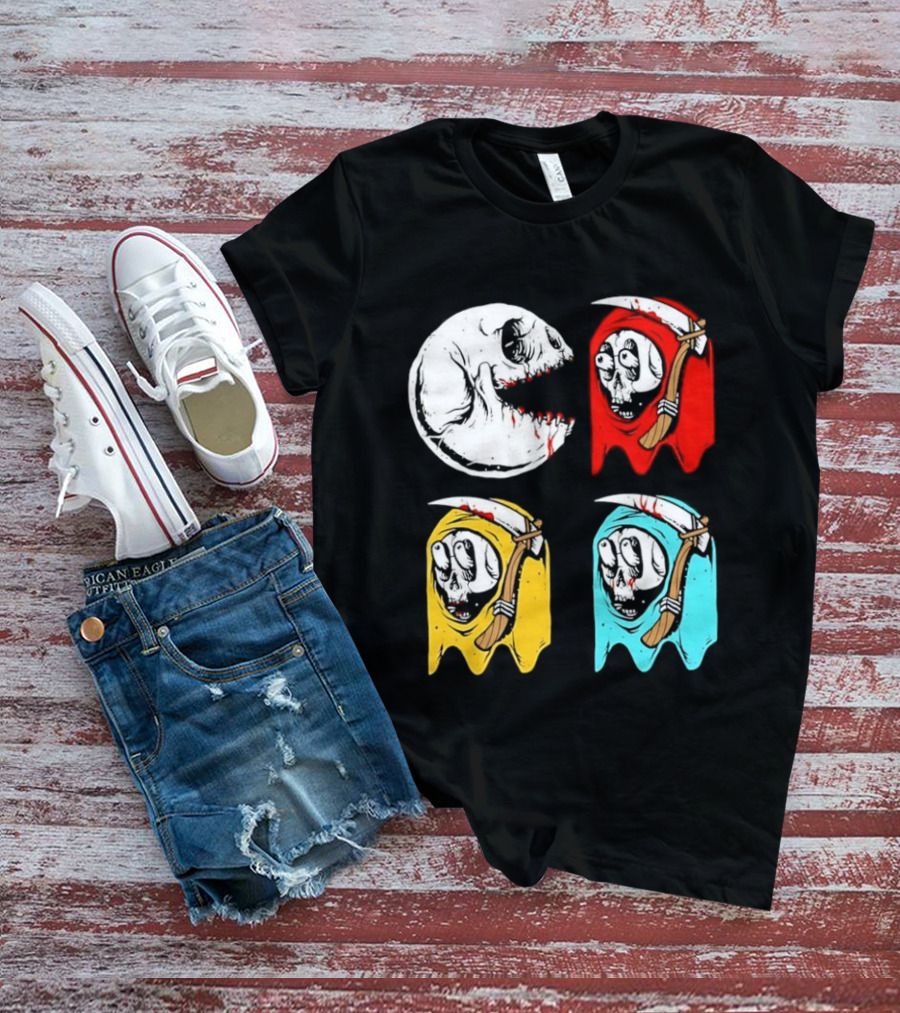 Pac Man Skeleton Skull Ghost Grim Reaper Red Yellow Blue T-Shirt