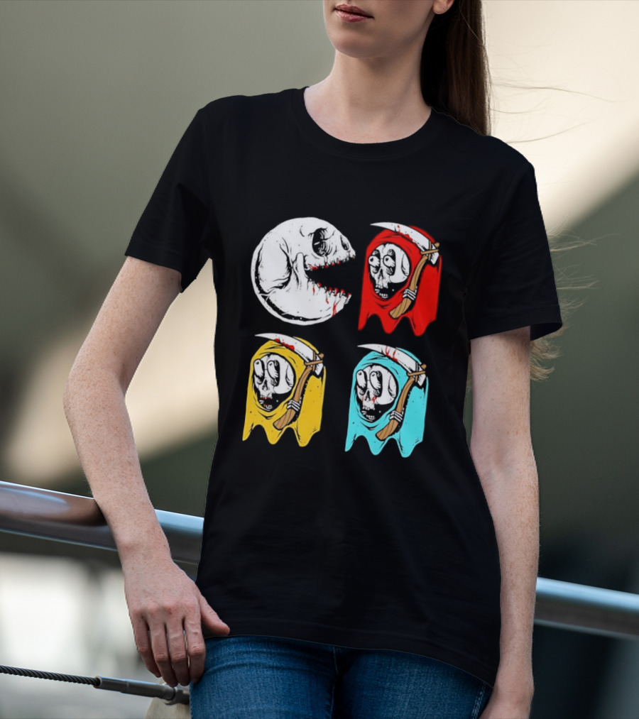 Pac Man Skeleton Skull Ghost Grim Reaper Red Yellow Blue T-Shirt