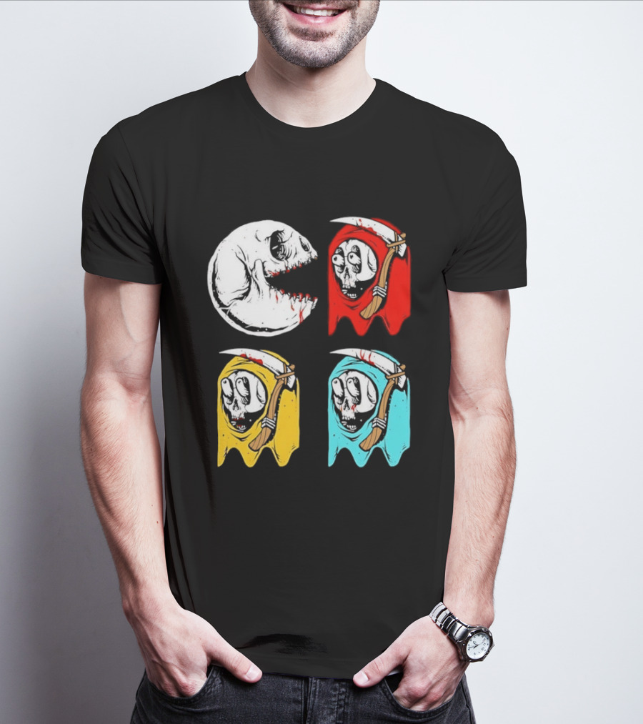 Pac Man Skeleton Skull Ghost Grim Reaper Red Yellow Blue T-Shirt