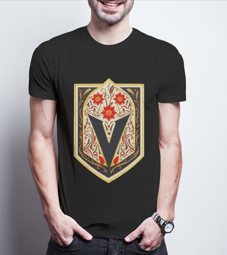 Vegas Golden Knights Dia De Los Muertos Floral Shield T-Shirt