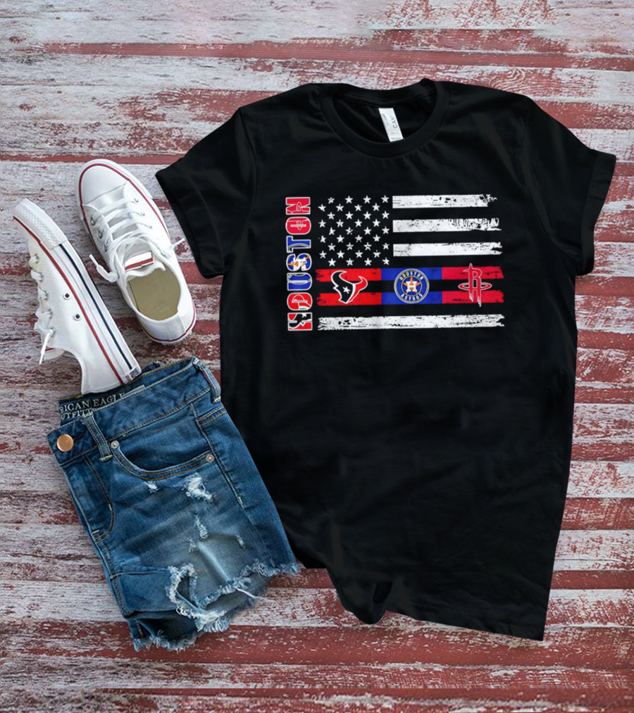 Houston Texans Astros Rockets American Flag T-Shirt