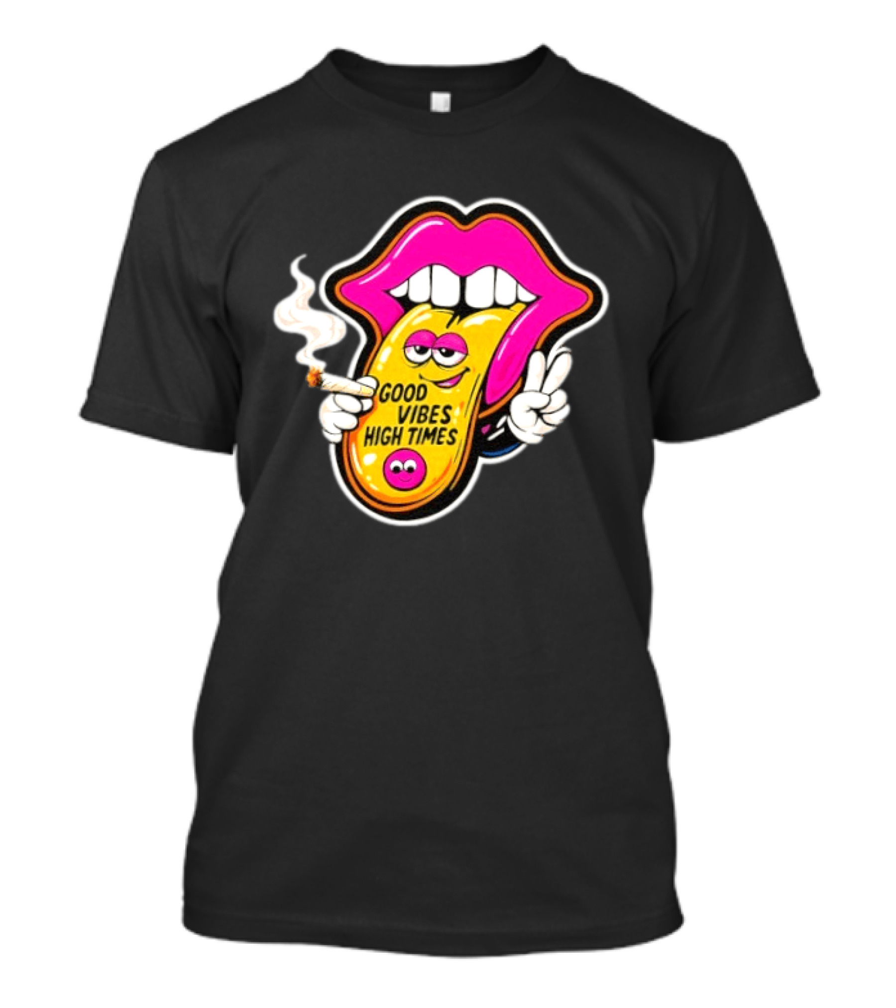 Good Vibes High Times Smoking Tongue And Peace Sign T-Shirt