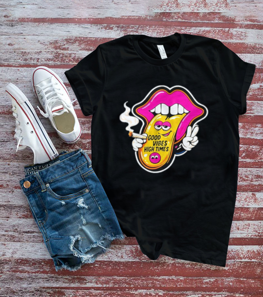 Good Vibes High Times Smoking Tongue And Peace Sign T-Shirt