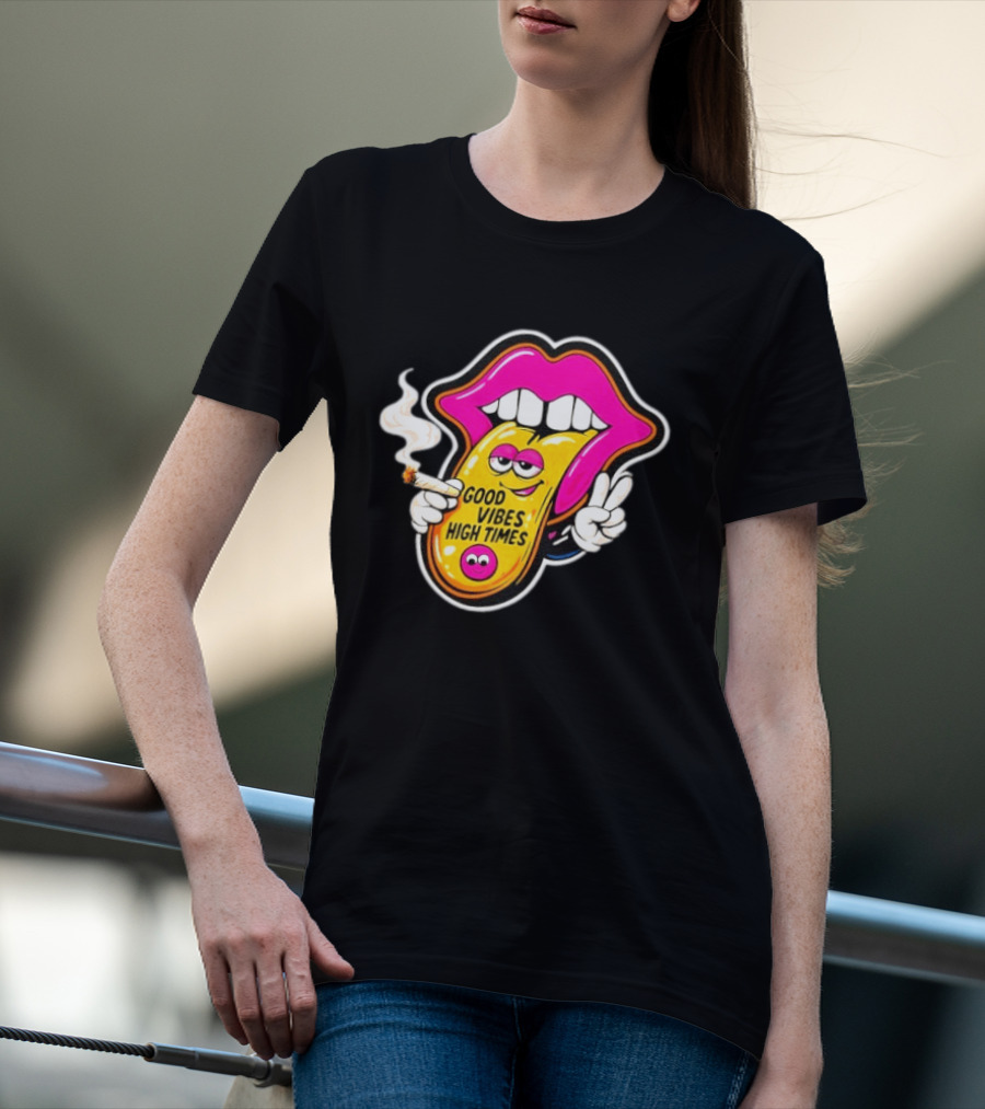 Good Vibes High Times Smoking Tongue And Peace Sign T-Shirt