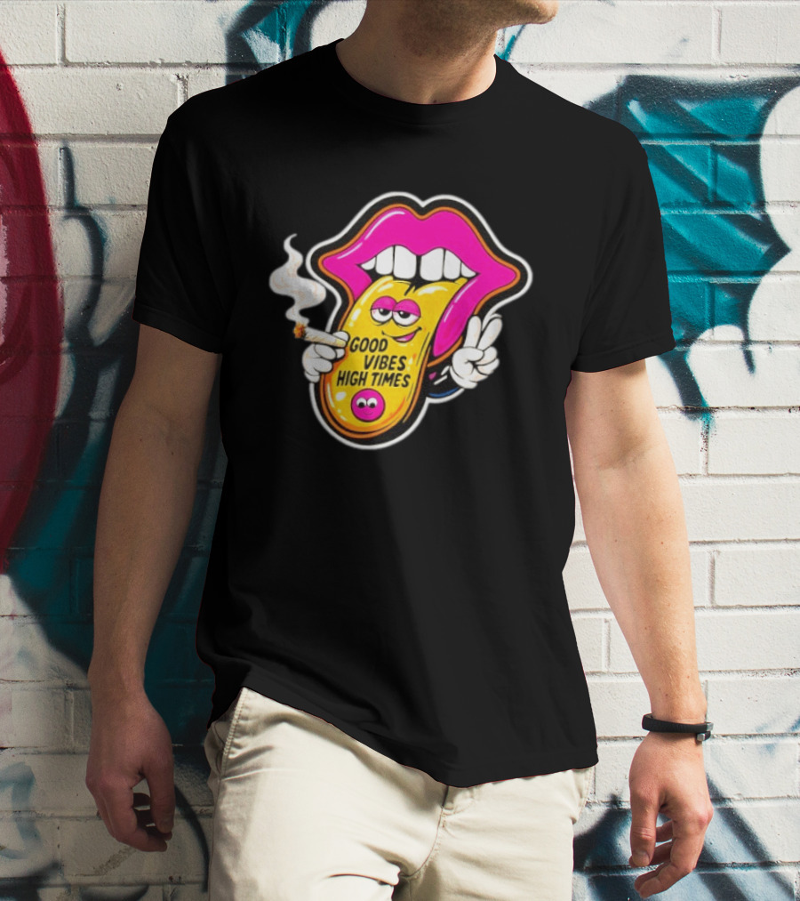 Good Vibes High Times Smoking Tongue And Peace Sign T-Shirt