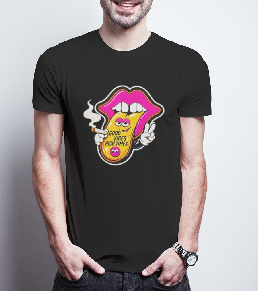 Good Vibes High Times Smoking Tongue And Peace Sign T-Shirt