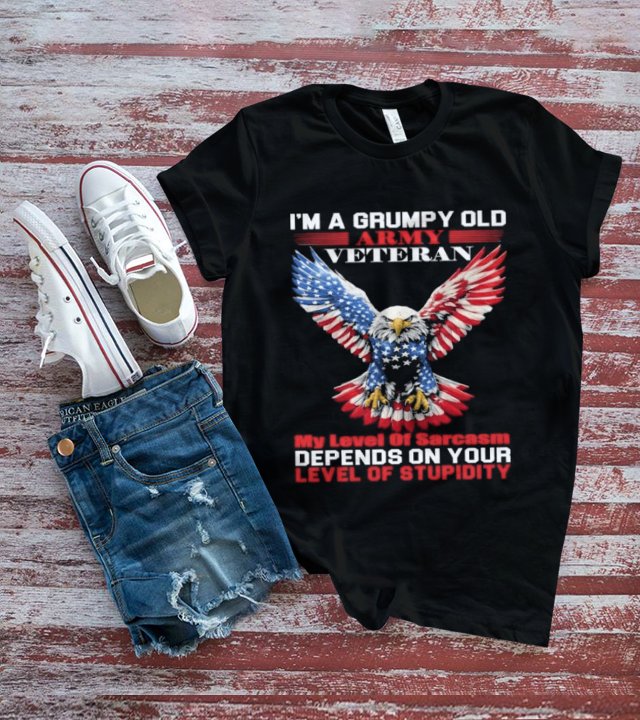 Grumpy Old Army Veteran Sarcasm Depends On Your Stupidity Patriotic Eagle T-Shirt