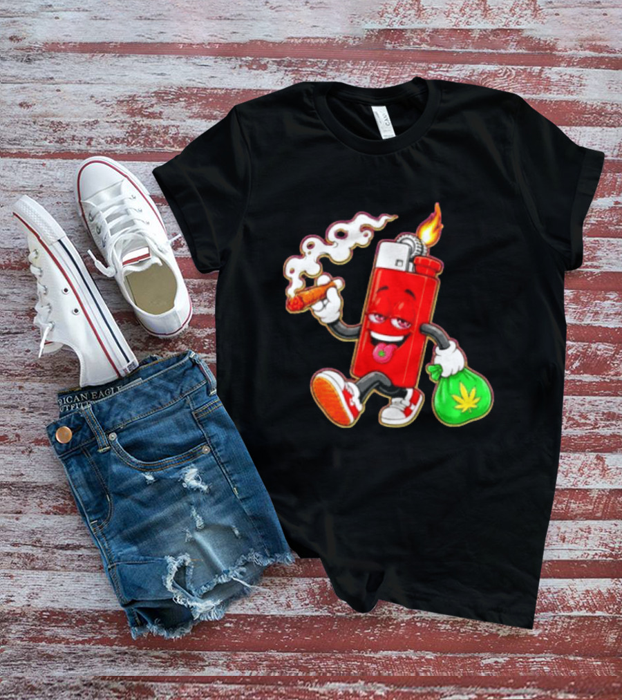 Flame Lighter And Smoking Joint With Cannabis Bag Cartoon T-Shirt