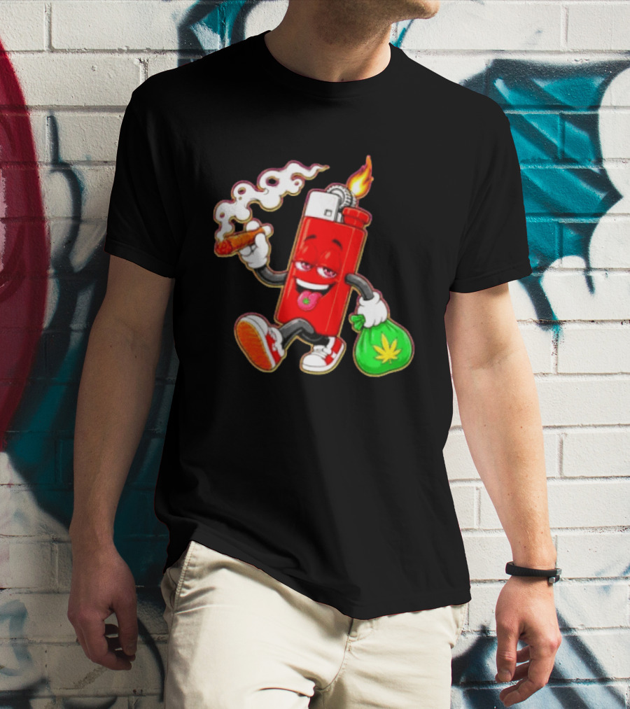 Flame Lighter And Smoking Joint With Cannabis Bag Cartoon T-Shirt