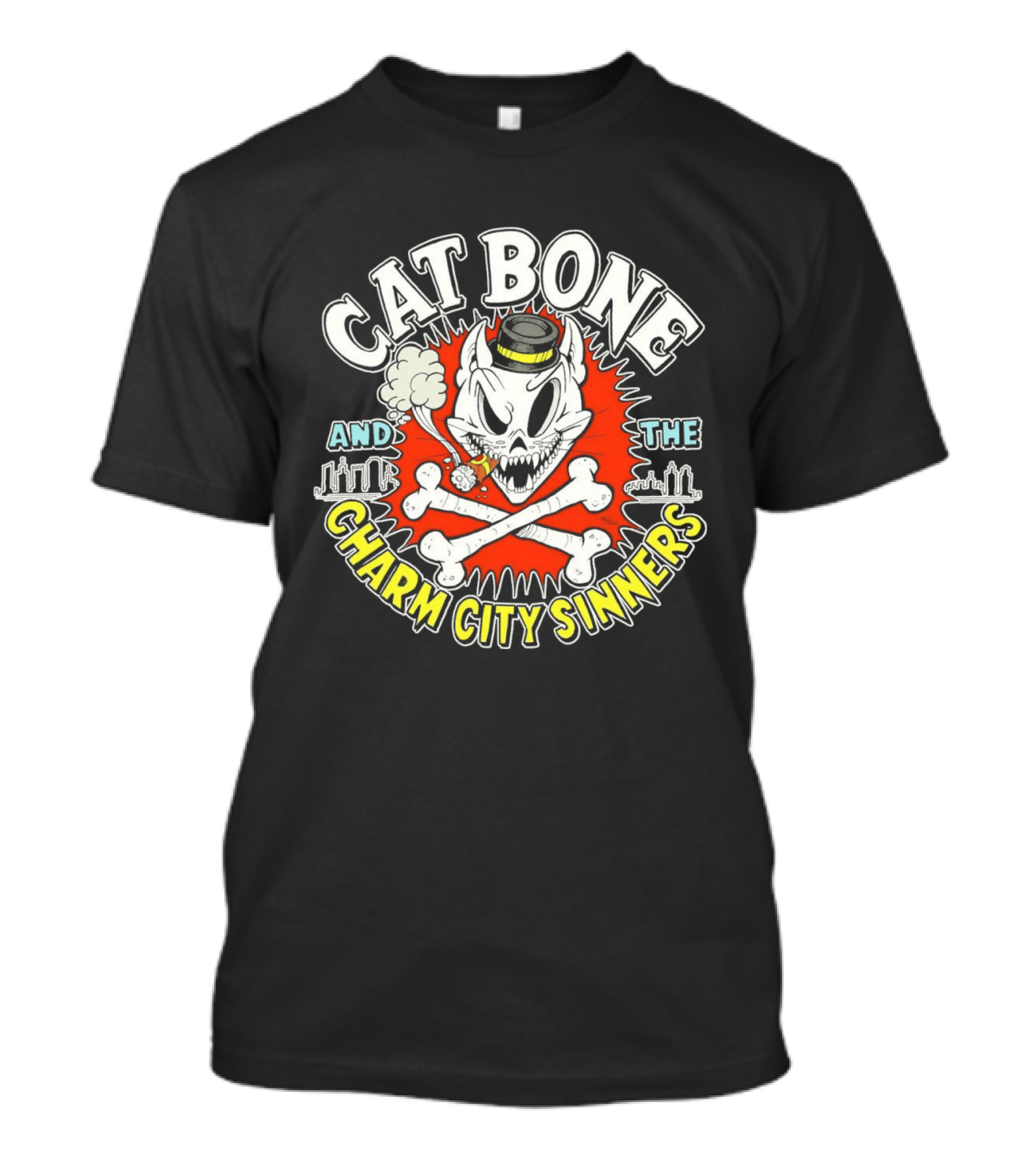 Cat Bone And The Charm City Sinners Smoking Skull And Crossbones Top Hat T-Shirt