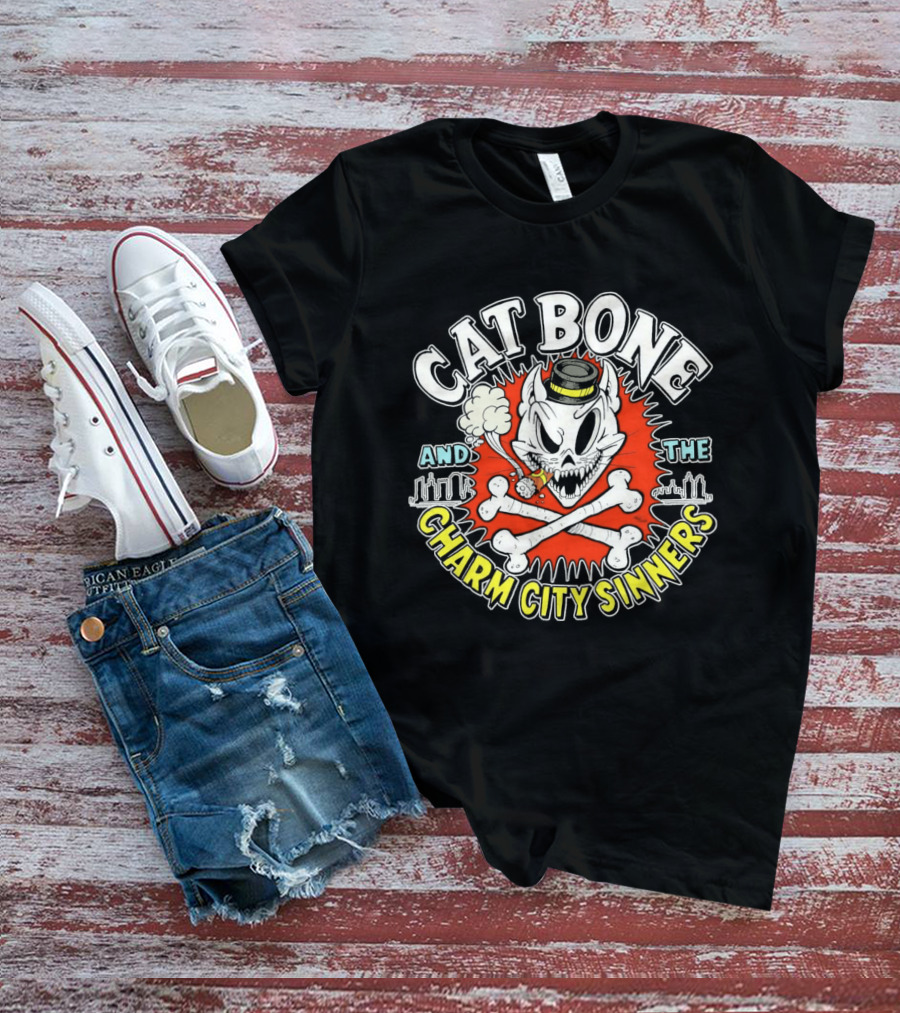 Cat Bone And The Charm City Sinners Smoking Skull And Crossbones Top Hat T-Shirt