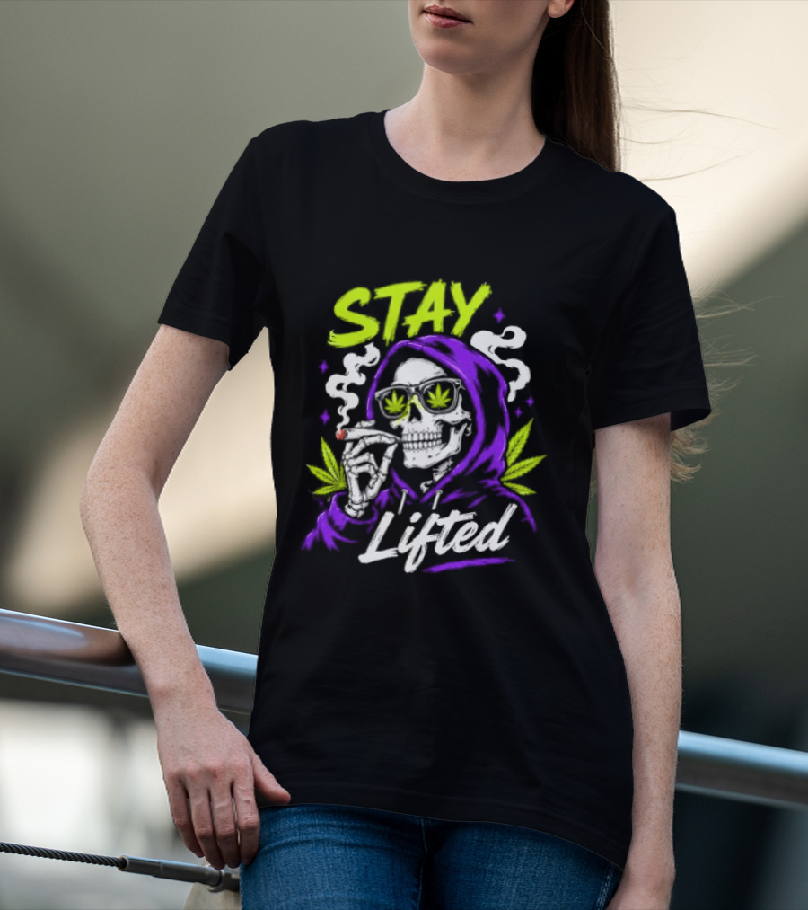 Stay Lifted Skeleton Smoking Weed Vapor Clouds Psychedelic T-Shirt