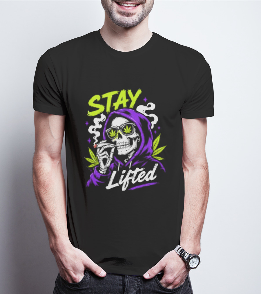 Stay Lifted Skeleton Smoking Weed Vapor Clouds Psychedelic T-Shirt