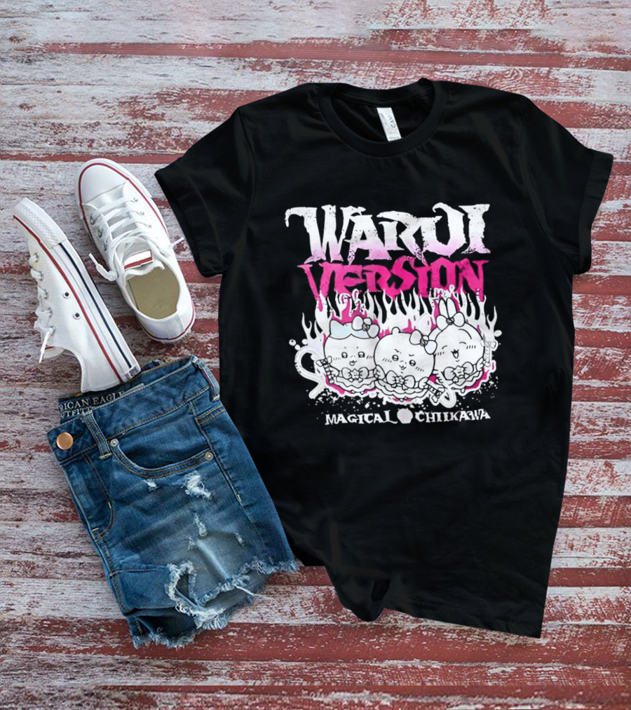 Warui Version Magical Chiikawa Characters In Fiery Pink And White T-Shirt