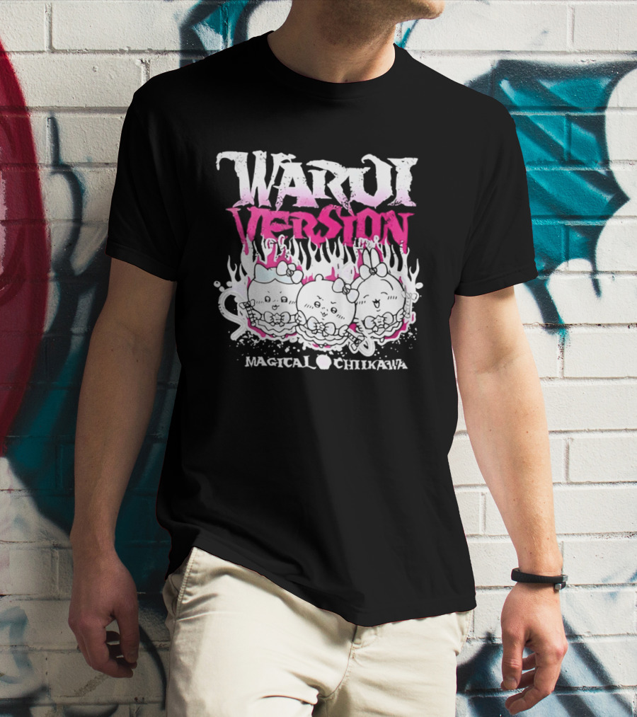 Warui Version Magical Chiikawa Characters In Fiery Pink And White T-Shirt