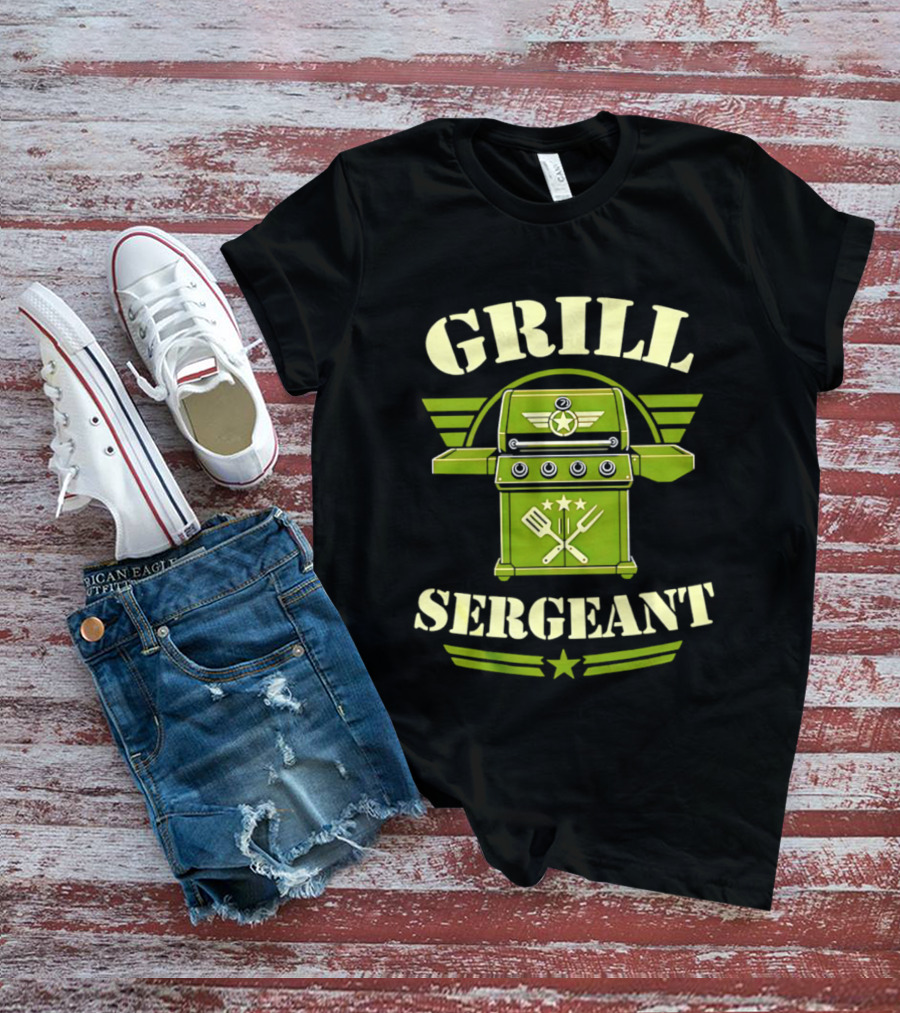 Grill Sergeant Military Style Barbecue Theme With Star Emblem And Utensils T-Shirt