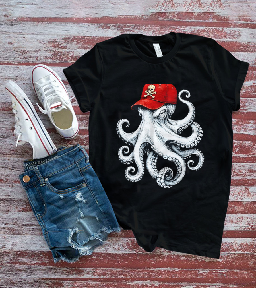 Octopus In Red Cap With Skull And Crossbones T-Shirt