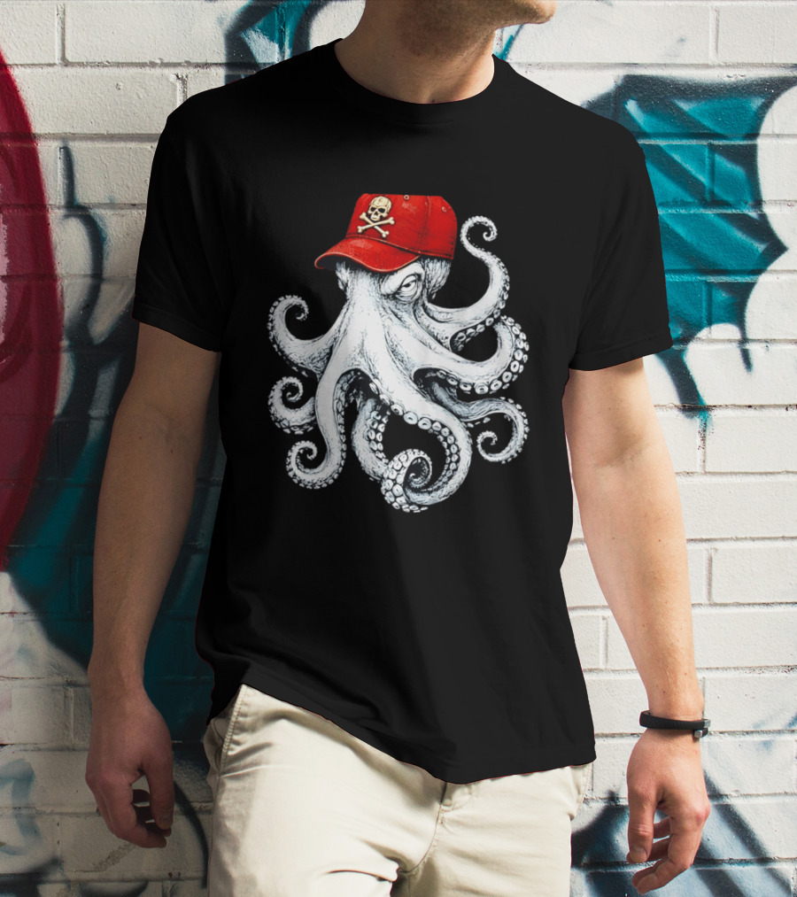Octopus In Red Cap With Skull And Crossbones T-Shirt