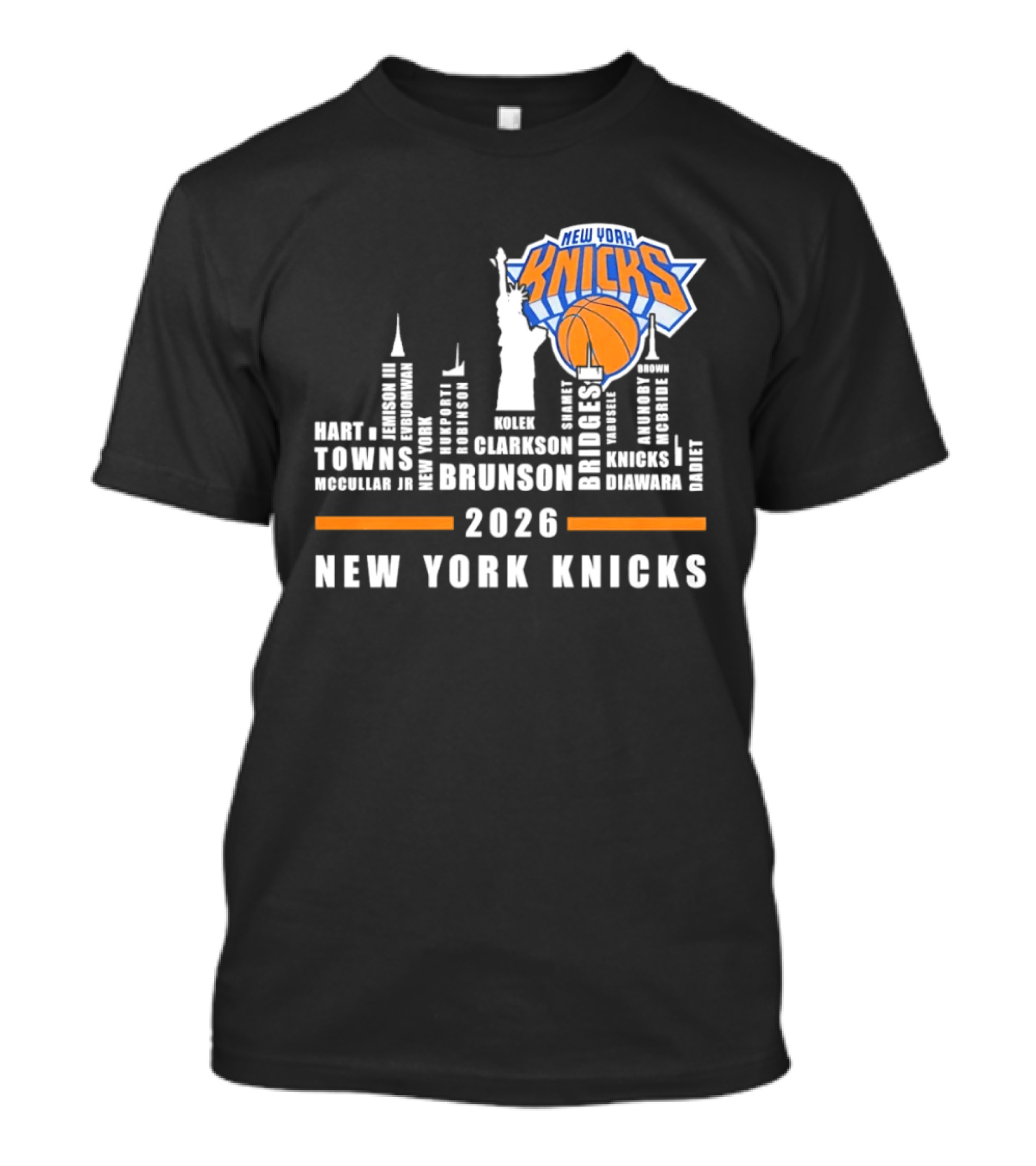 New York Knicks 2026 Jalen Brunson Mikal Bridges NBA Manhattan Skyline T-Shirt