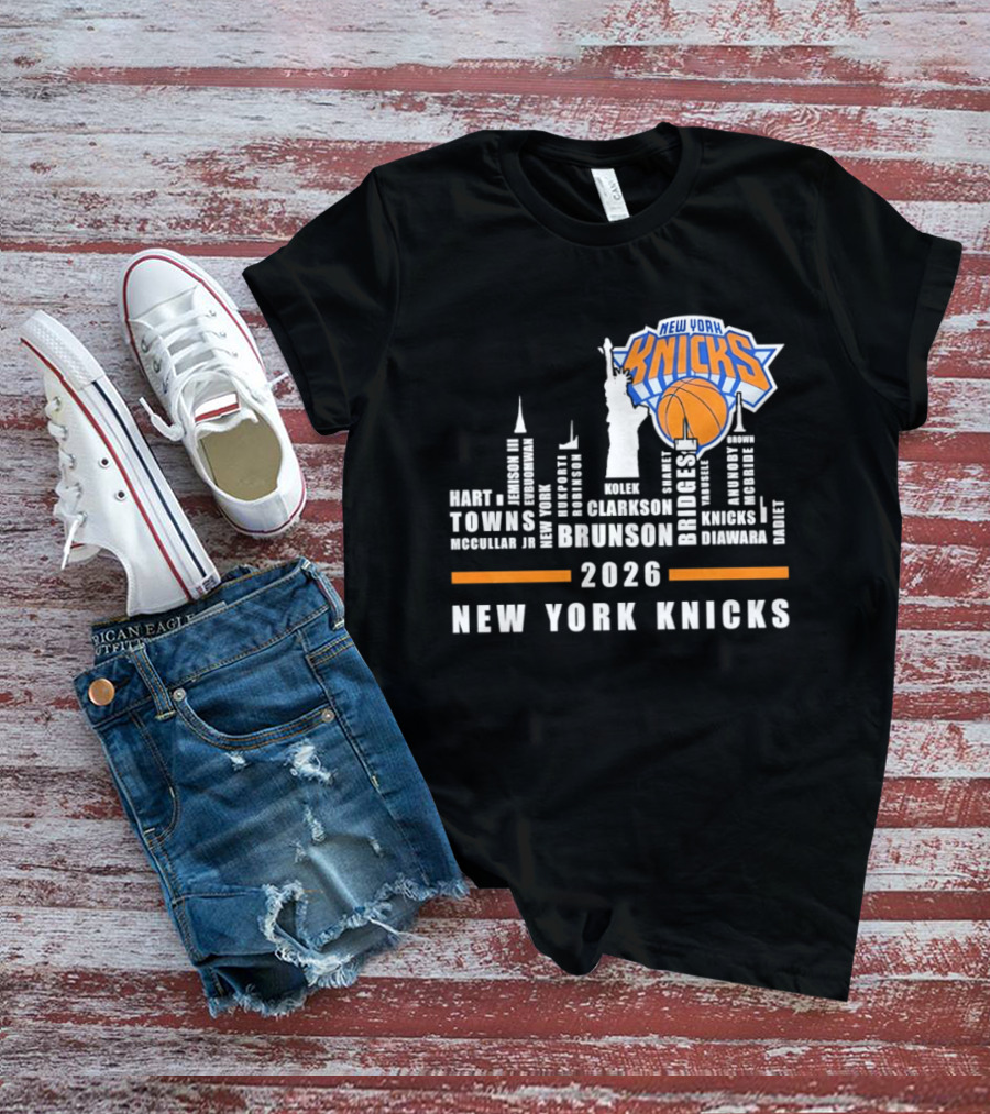 New York Knicks 2026 Jalen Brunson Mikal Bridges NBA Manhattan Skyline T-Shirt