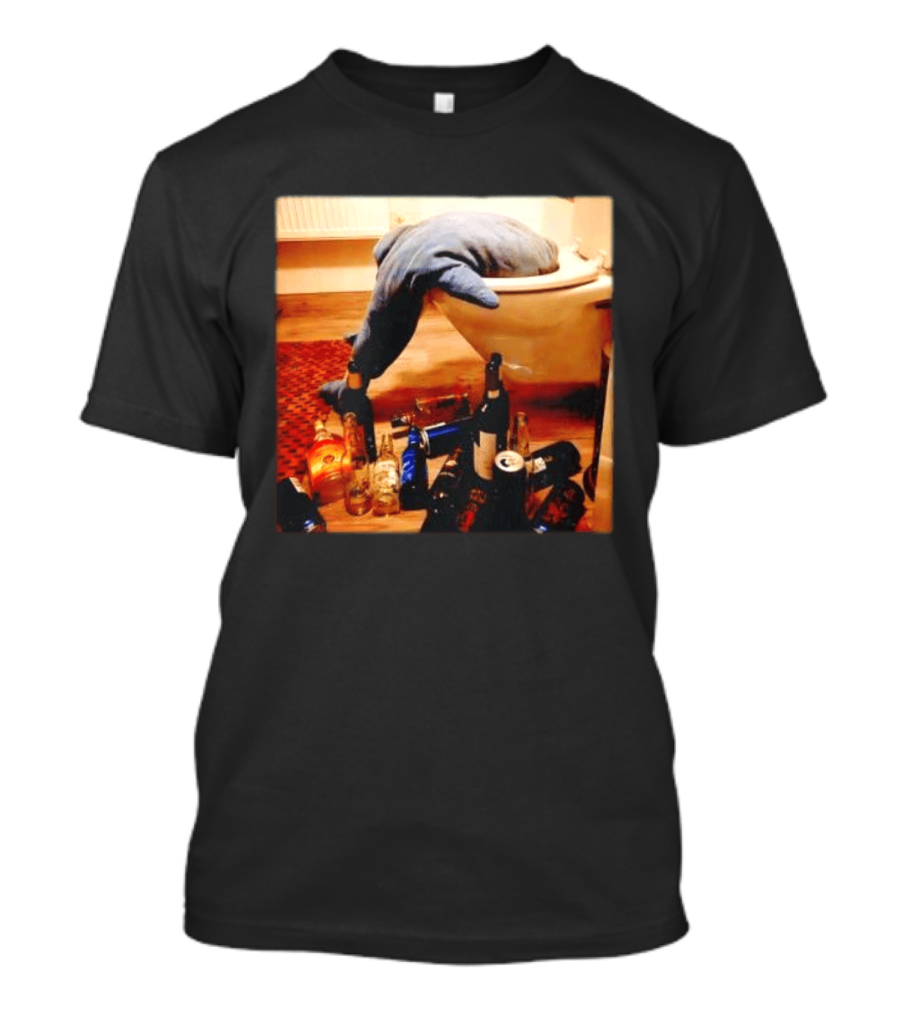 Shark Over Toilet With Alcohol Bottles Party Aftermath T-Shirt