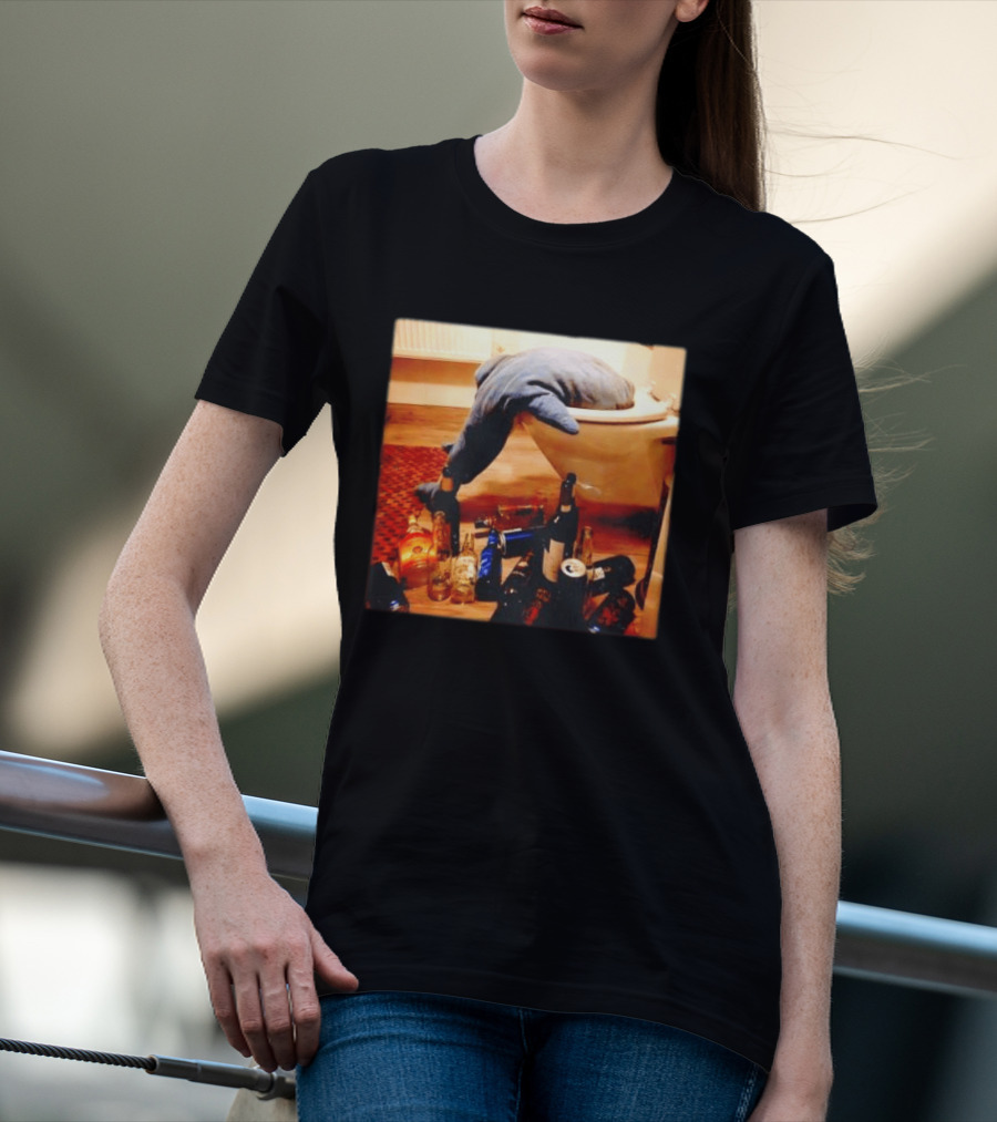Shark Over Toilet With Alcohol Bottles Party Aftermath T-Shirt