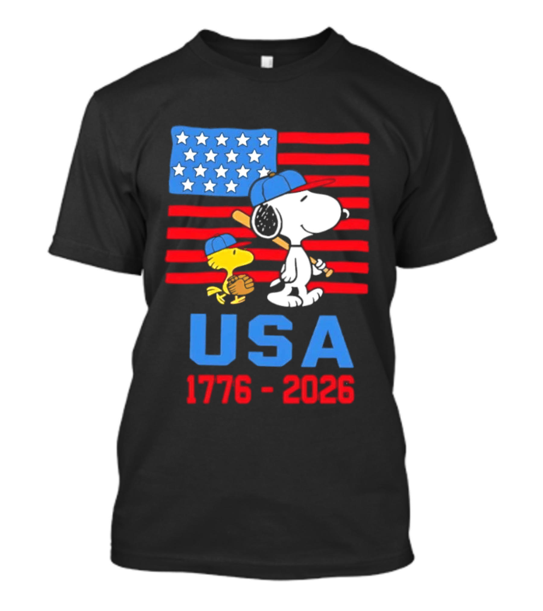 Snoopy Woodstock Peanuts USA Baseball American Flag 1776 2026 T-Shirt