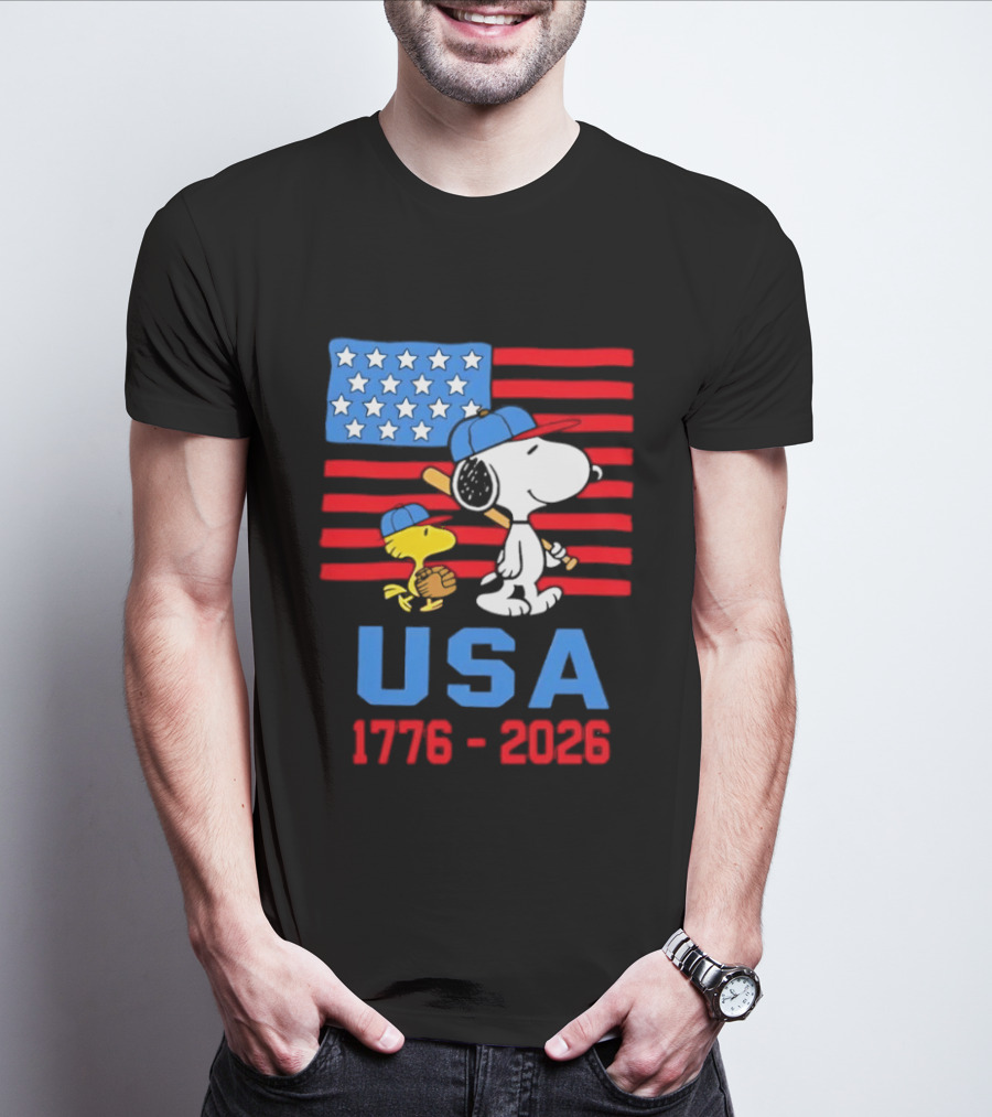 Snoopy Woodstock Peanuts USA Baseball American Flag 1776 2026 T-Shirt