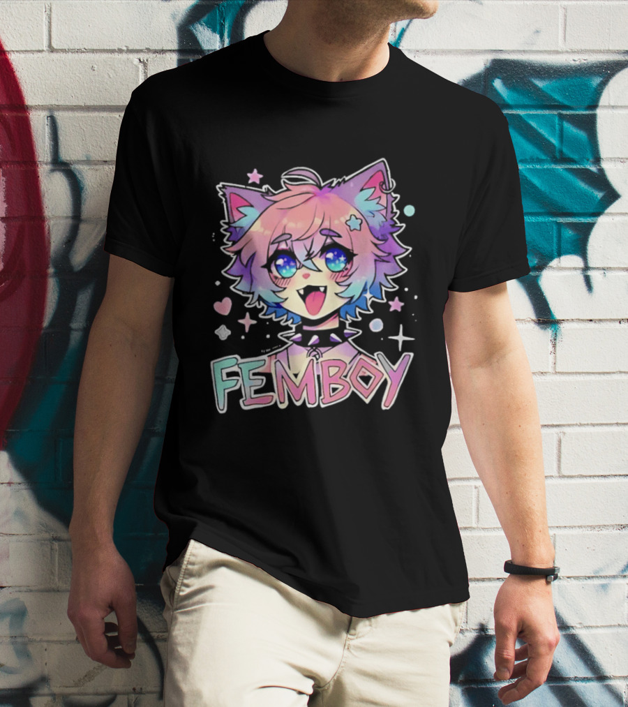 Femboy Catboy Nekomimi Anime Kawaii Pastel Sparkling Spiked Collar T-Shirt