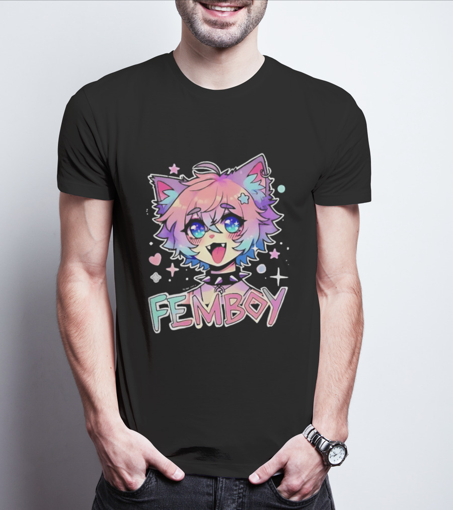 Femboy Catboy Nekomimi Anime Kawaii Pastel Sparkling Spiked Collar T-Shirt