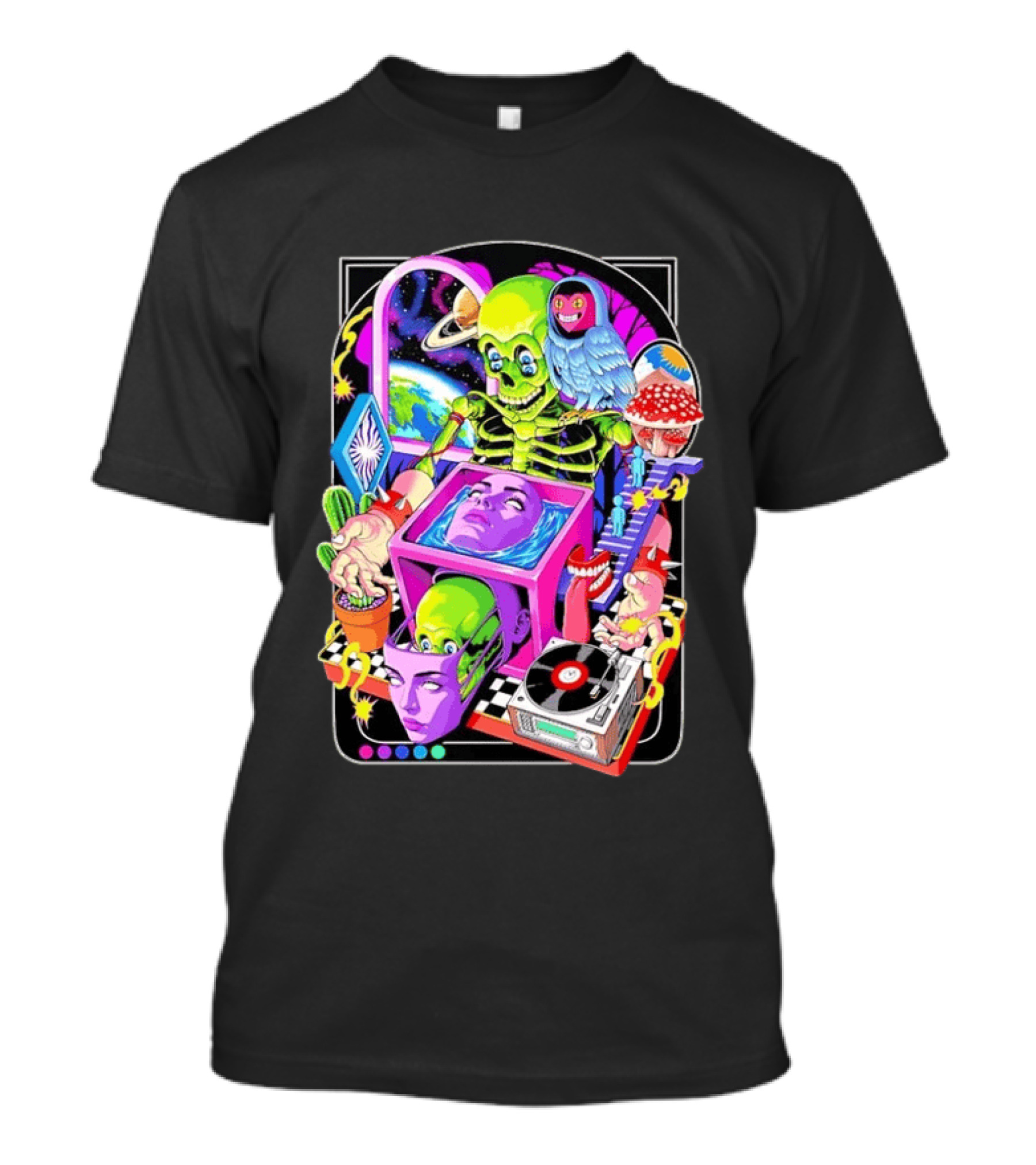 Green Skeleton Psychedelic Owl Surreal Heads Space Earth Trippy Mushrooms Record Player Adventure T-Shirt
