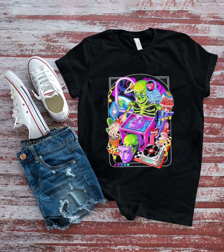 Green Skeleton Psychedelic Owl Surreal Heads Space Earth Trippy Mushrooms Record Player Adventure T-Shirt