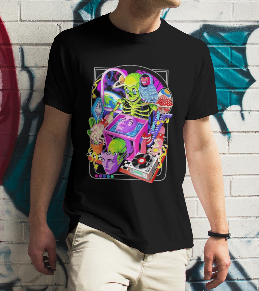 Green Skeleton Psychedelic Owl Surreal Heads Space Earth Trippy Mushrooms Record Player Adventure T-Shirt