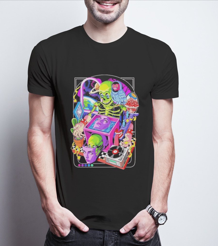 Green Skeleton Psychedelic Owl Surreal Heads Space Earth Trippy Mushrooms Record Player Adventure T-Shirt