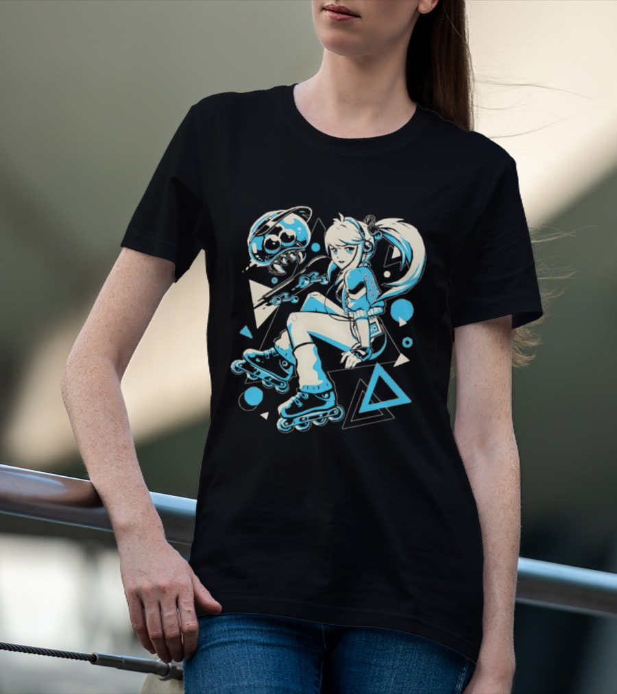 Samus Aran Metroid Rollerblades Skateboard Retro Gaming T-Shirt