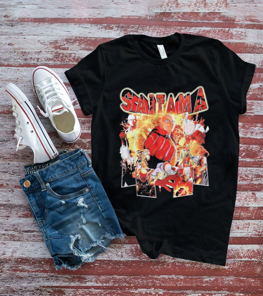 Saitama Hero Manga Character Collage With Lightning Fist T-Shirt