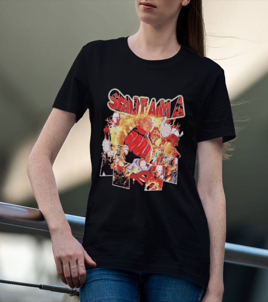 Saitama Hero Manga Character Collage With Lightning Fist T-Shirt