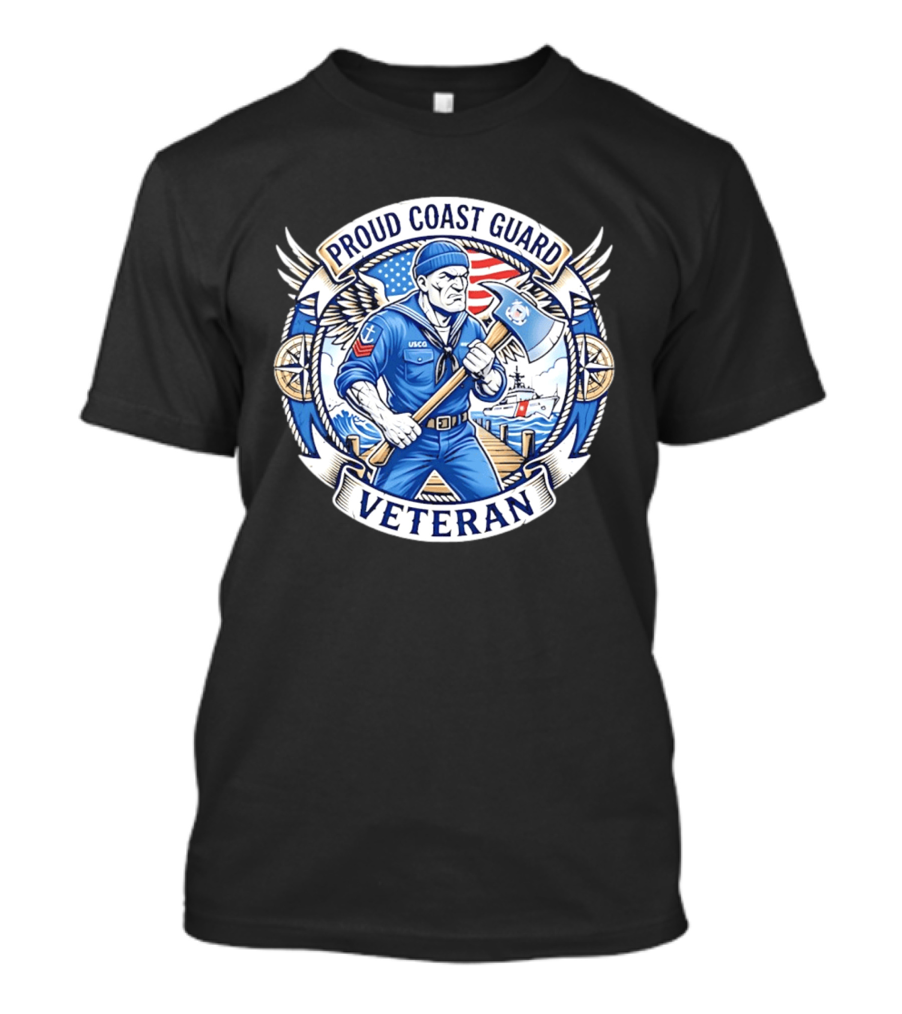 Proud Coast Guard Veteran USCG Military Sailor With Axe And American Flag T-Shirt