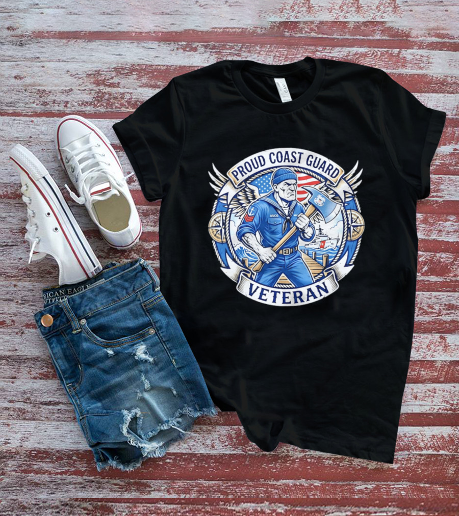 Proud Coast Guard Veteran USCG Military Sailor With Axe And American Flag T-Shirt