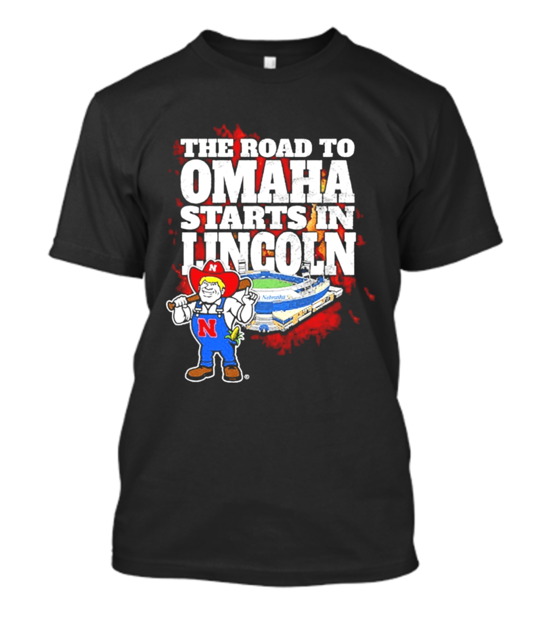 The Road To Omaha Starts In Lincoln Nebraska Cornhuskers Baseball Stadium T-Shirt