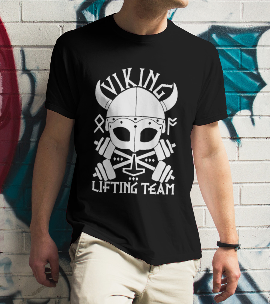 Viking Lifting Team Skull With Barbell And Helmet T-Shirt