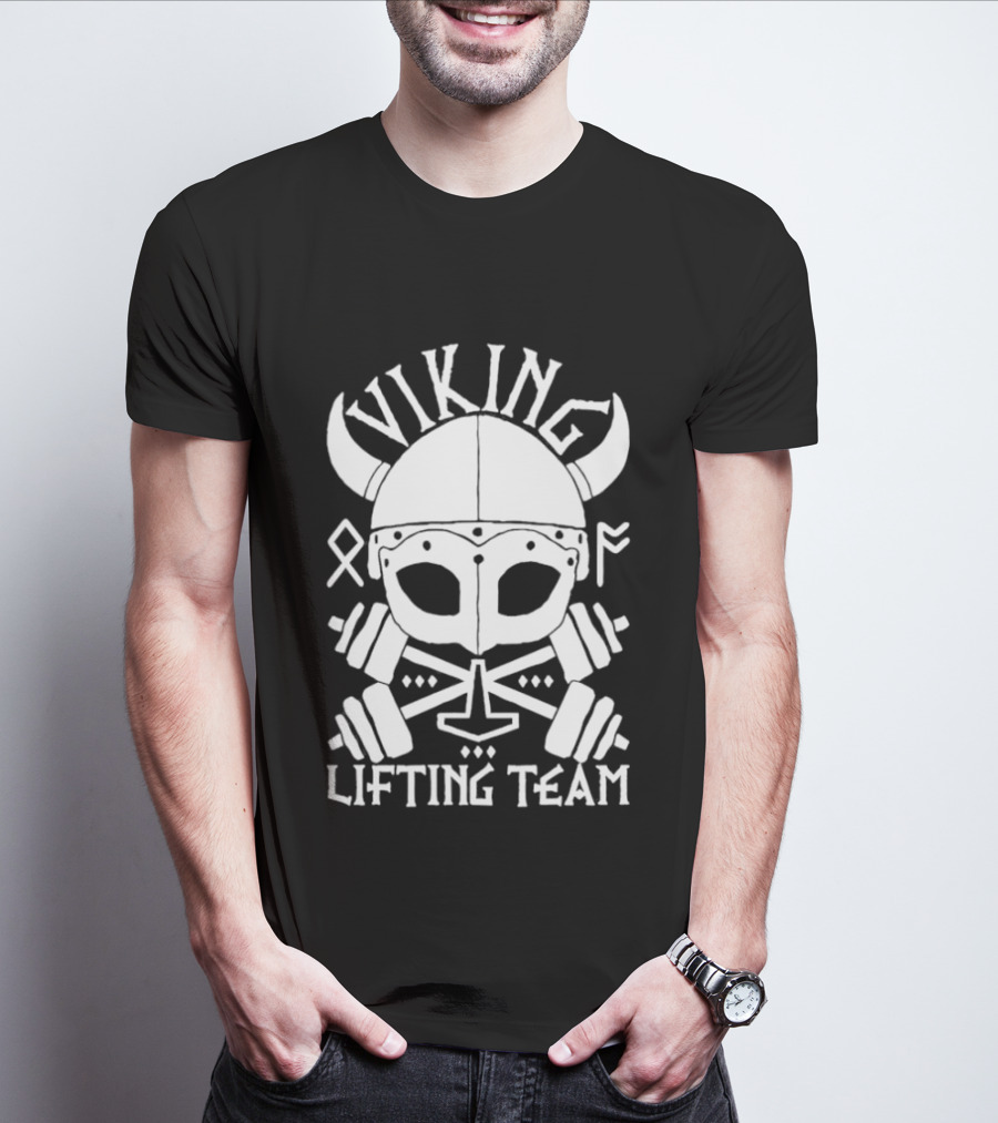 Viking Lifting Team Skull With Barbell And Helmet T-Shirt