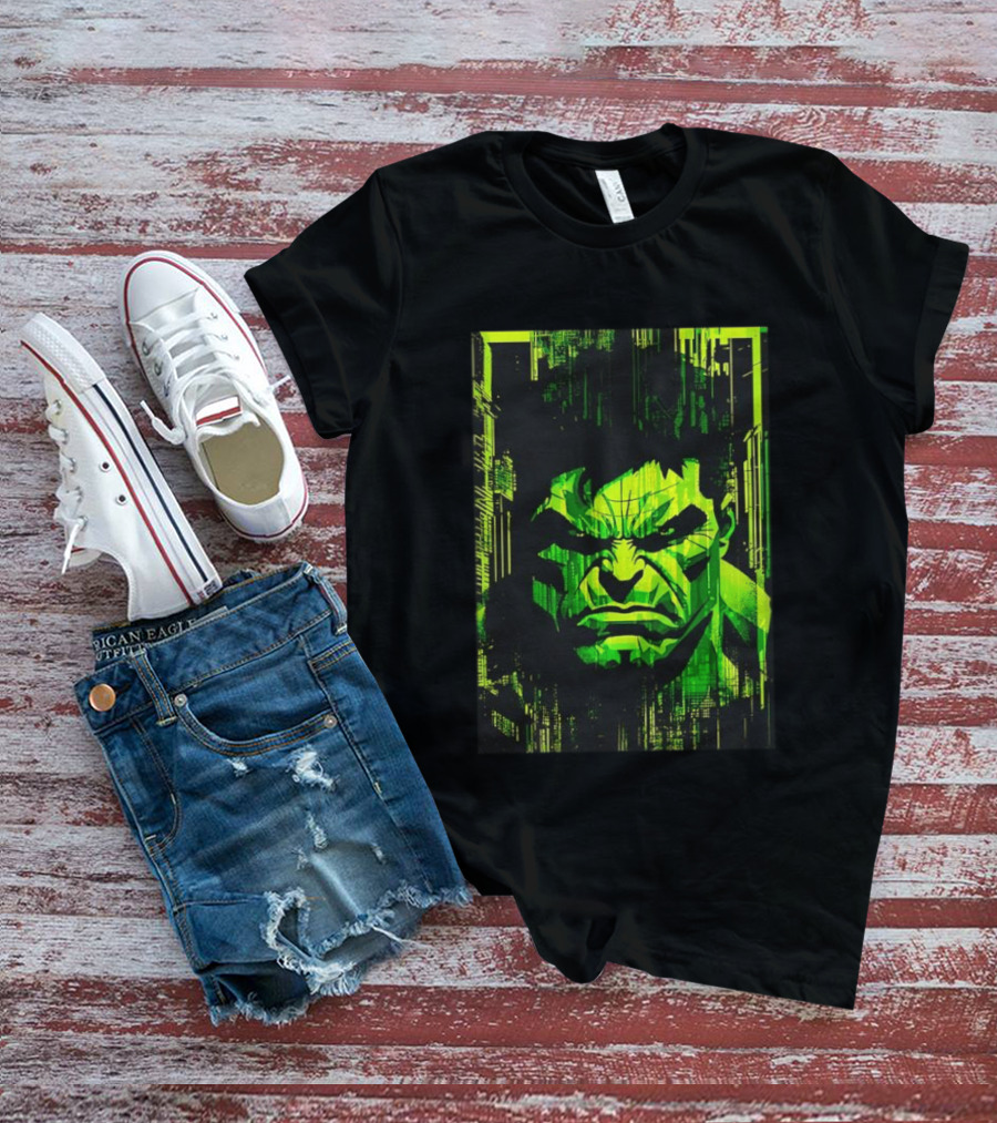 Hulk Glitch Digital Green Abstract Face T-Shirt