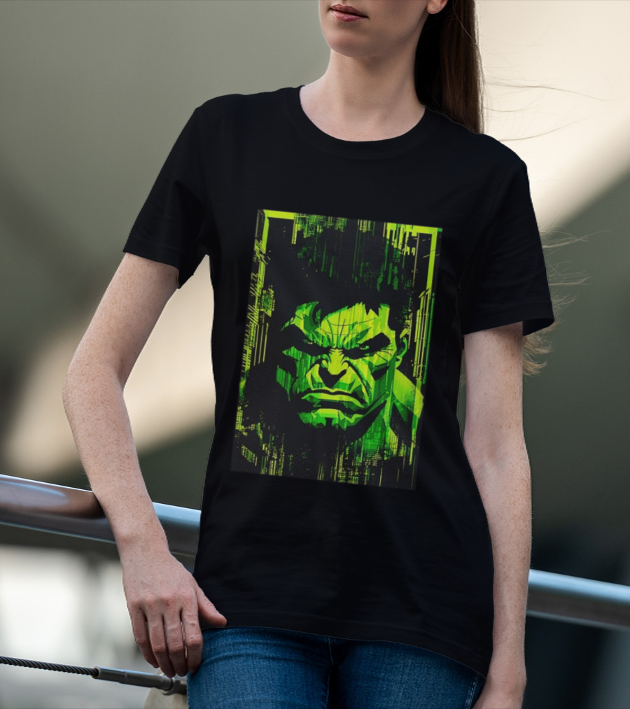 Hulk Glitch Digital Green Abstract Face T-Shirt